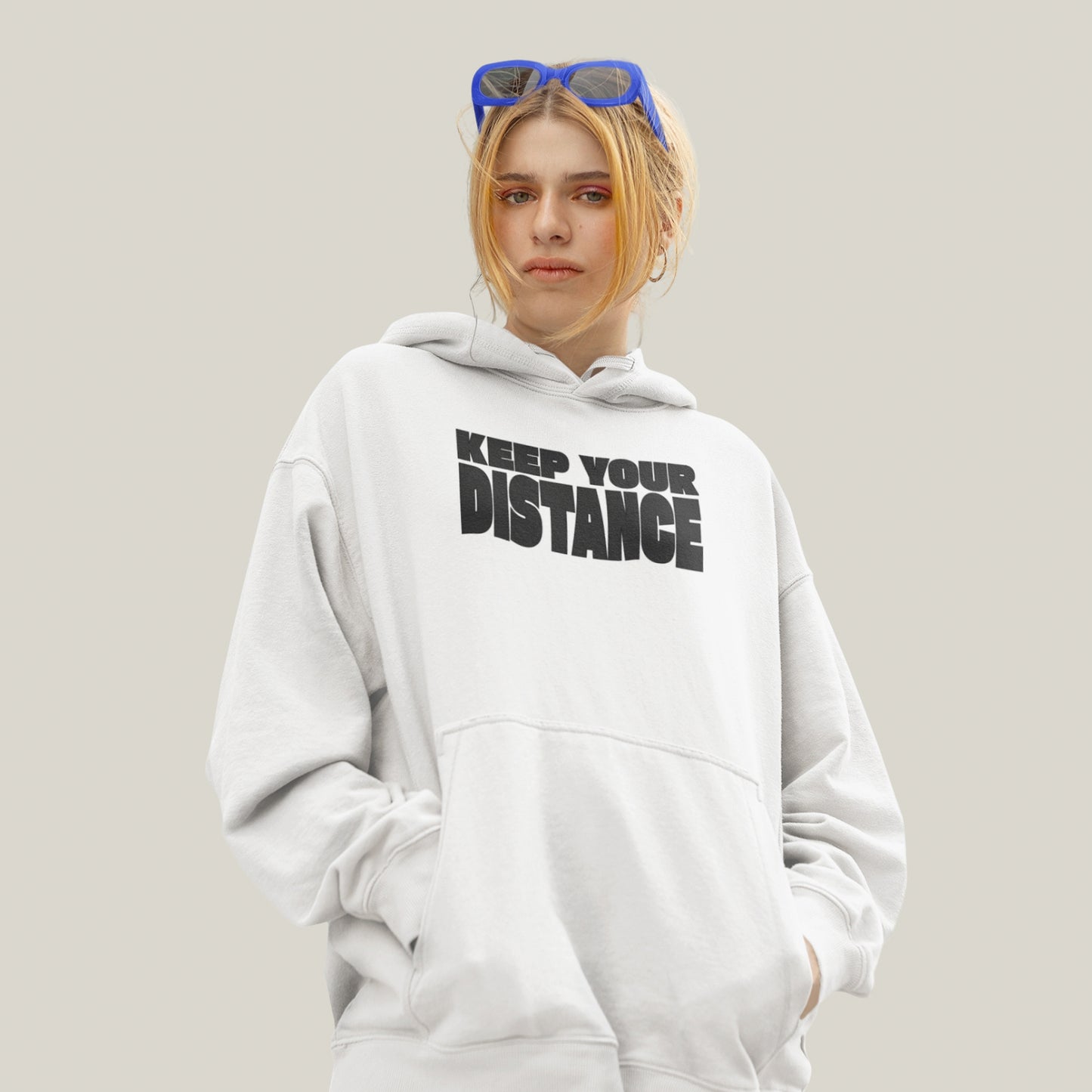 KEEP YOUR DISTANCE – Oversized 400 GSM Puff Print Hoodie-(White)