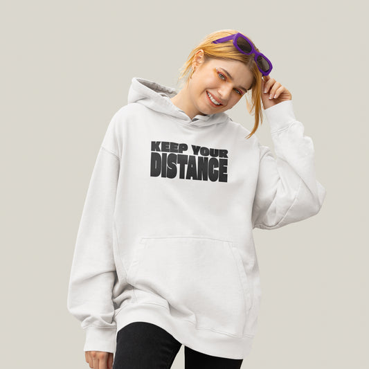 KEEP YOUR DISTANCE – Oversized 400 GSM Puff Print Hoodie-(White)