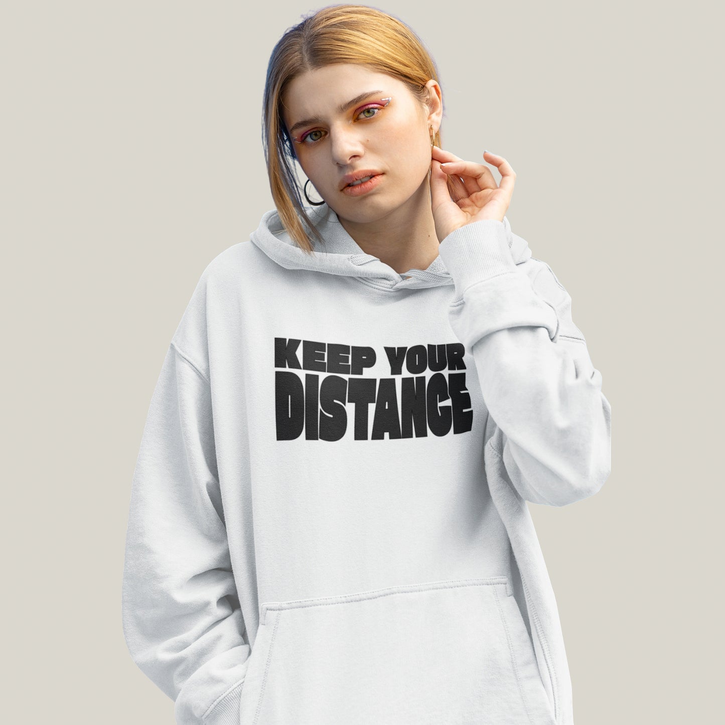 KEEP YOUR DISTANCE – Oversized 400 GSM Puff Print Hoodie-(White)