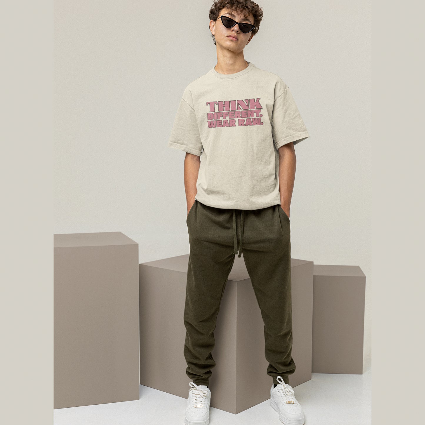 THINK DIFFERENT. WEAR RAW. – Oversized Tee
 240 GSM (OFF WHITE)
