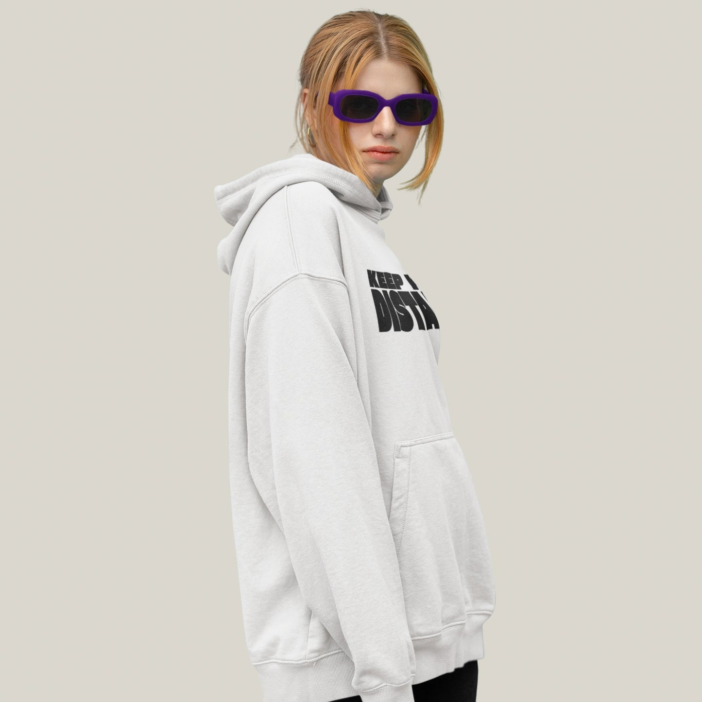 KEEP YOUR DISTANCE – Oversized 400 GSM Puff Print Hoodie-(White)