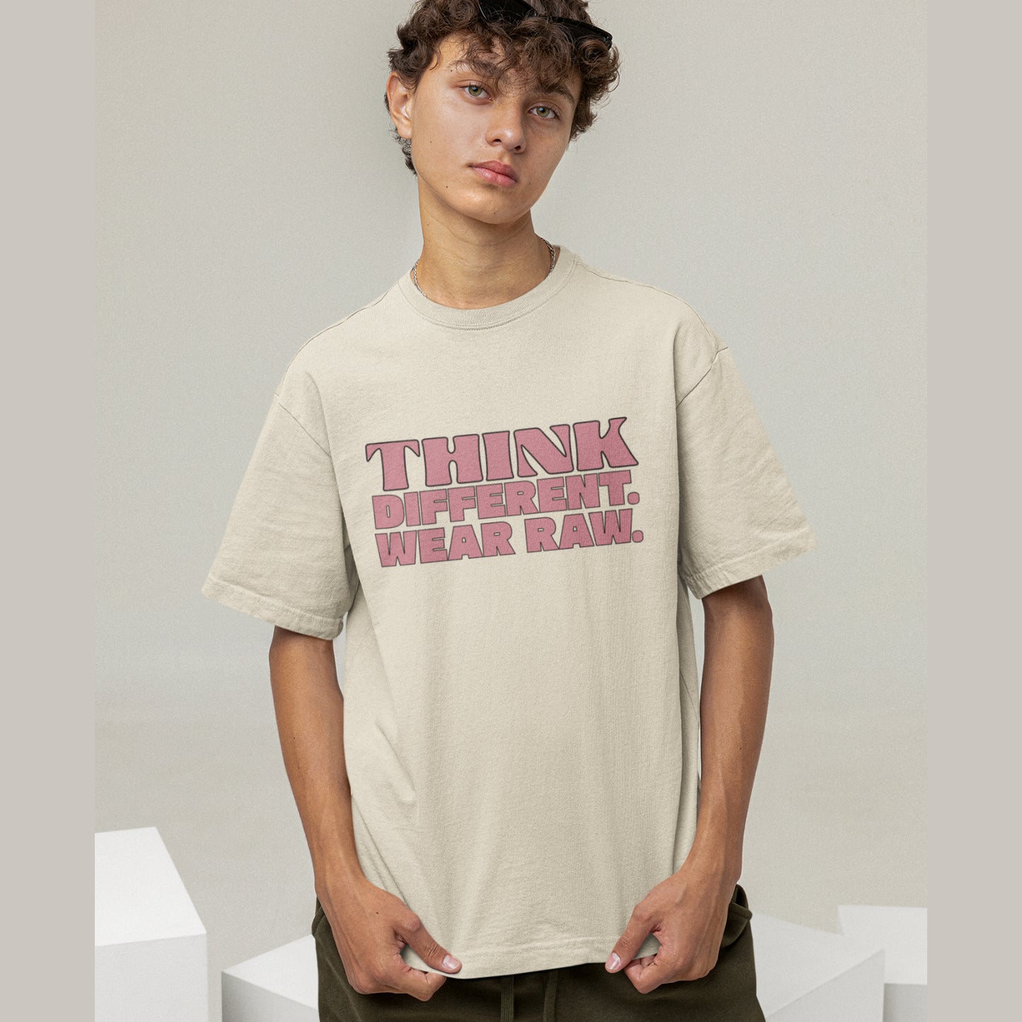 THINK DIFFERENT. WEAR RAW. – Oversized Tee
 240 GSM (OFF WHITE)