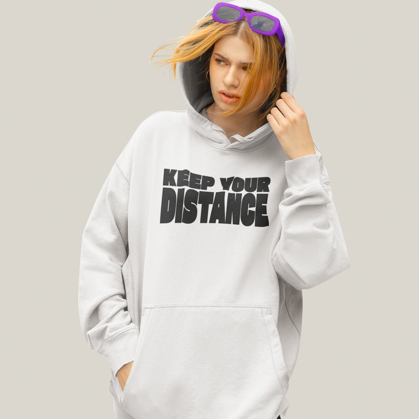 KEEP YOUR DISTANCE – Oversized 400 GSM Puff Print Hoodie-(White)
